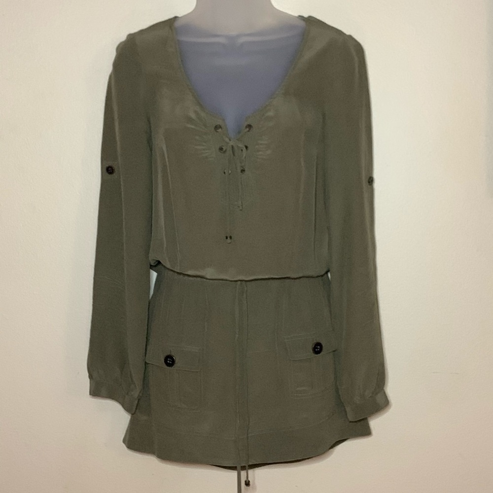 100% Silk Olive Green Cargo Style Dress w/ Peasant Top Detail by Guess - Sz. 1